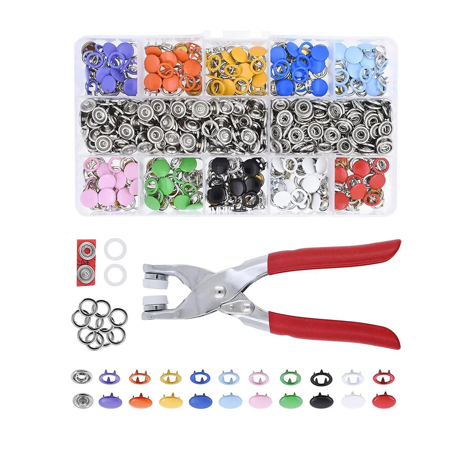 Snap Fasteners Set 100 Hollow Snaps 100 Solid Snaps with Transparent Storage Box with Fastener Plier Accessories Professional