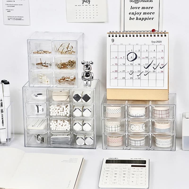 6/9/12 Grid Transparent Jewelry Storage Box Stackable Drawer Type Necklace Earrings Dust Case Desktop Stationary Organizer
