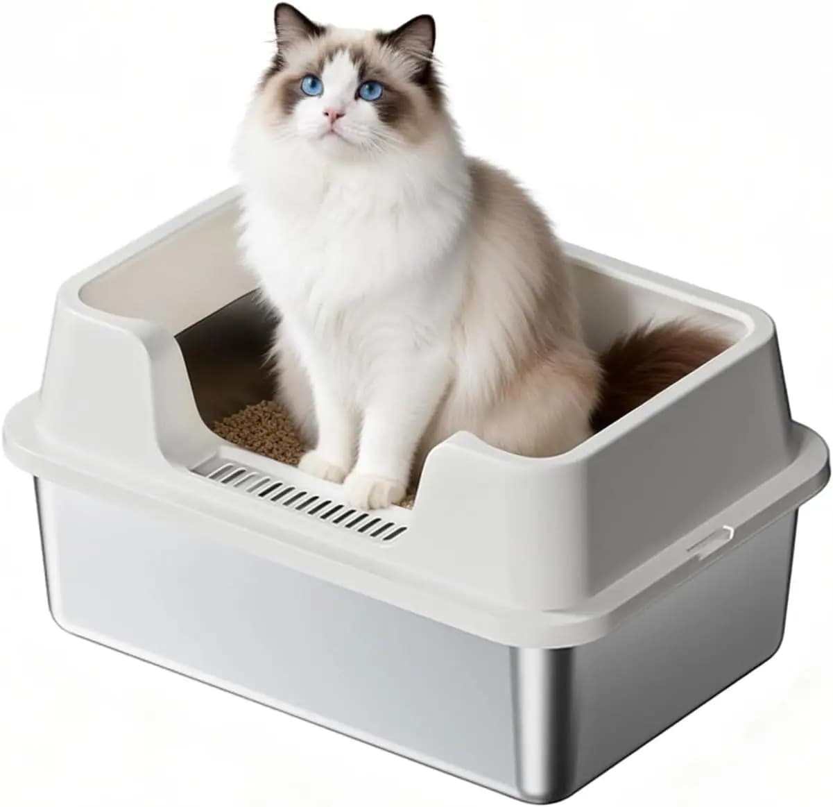 Lettiera per Gatti in Acciaio Inossidabile Chiusa con Coperchio, Lettiera XL Extra Large per Gatti Grandi, Vassoio in Metallo con Bordi Alti