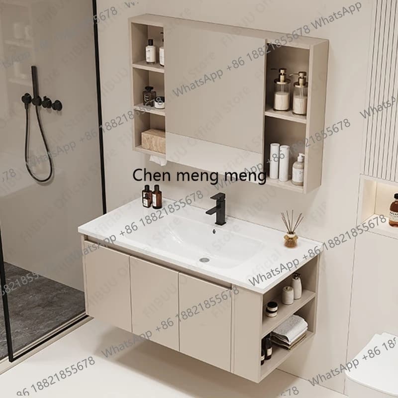 Set Moderno di Mobile Bagno Sospeso con Lavabo in Ceramica Integrato e Armadietto con Specchio Intelligente per un Bagno Organizzato