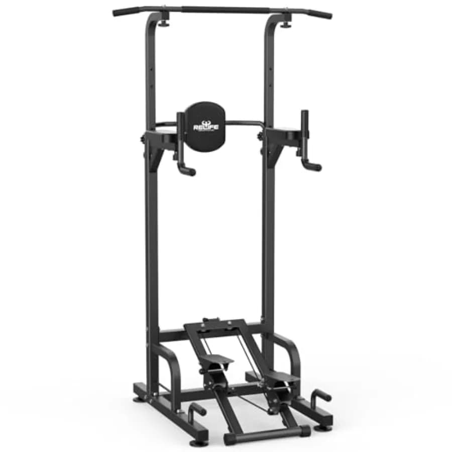 Home gym power tower pull up bar station with steel frame, black finish, heavy-duty construction for strength training and dip