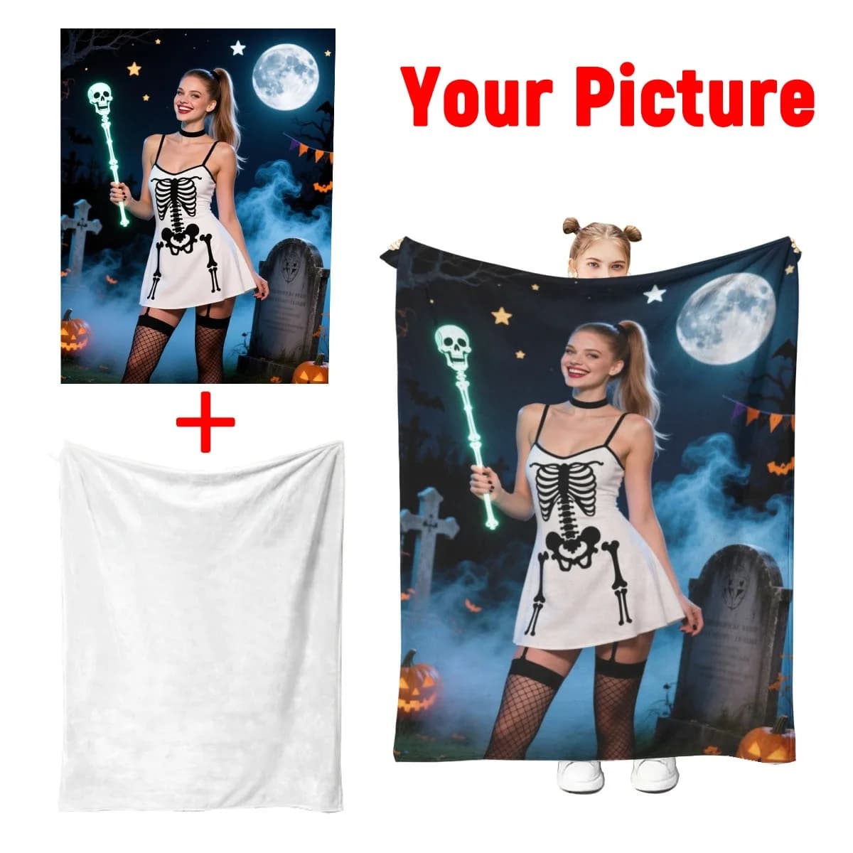 Custom Photo Fleece Blanket - DIY Jack-O'-Lanterns/Pumpkin Prints | Soft Warm | Sofa/Bed/Travel | Halloween Trick-Or-Treat