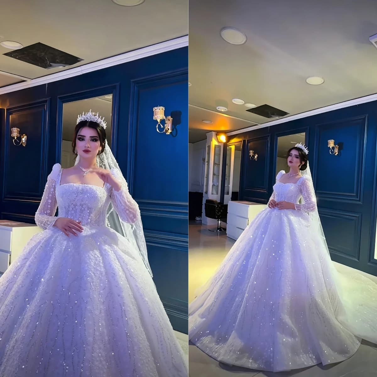2026 Square Neck Ball Gown Wedding Dress Long Sleeve 3D Floral Sparkly Sequin Lace Bridal Gown Vestido De Noiva Customized
