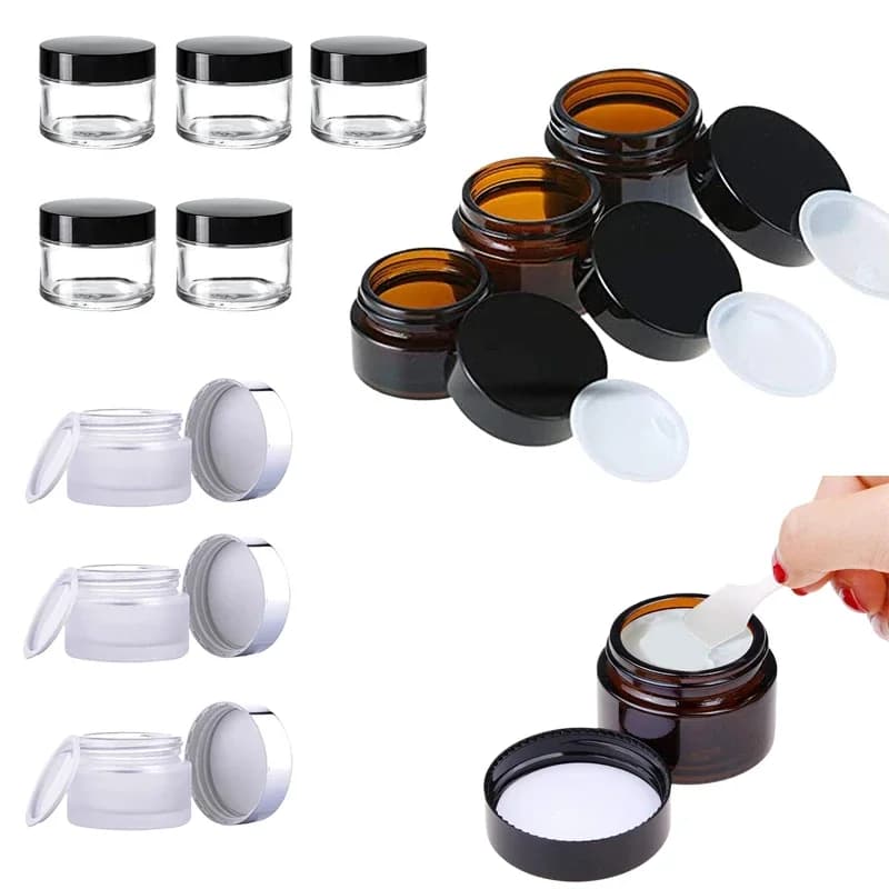 10 transparent round glass jars/amber/coated from 5-100 g with inner coverings silver/black and gold cover for dust shavings