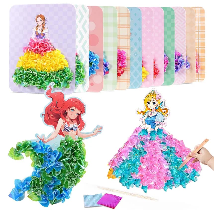 3 pezzi di carte adesive in tessuto arte Craze Poke Caft giocattoli puzzle creativo puntura pittura cammina principessa gioco di vestizione bambini