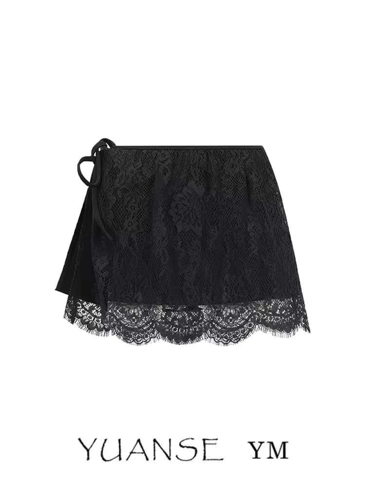 YUANSE Gonna a mezza lunghezza da donna, nera, con inserti in pizzo, a strati, modellante, per l'estate