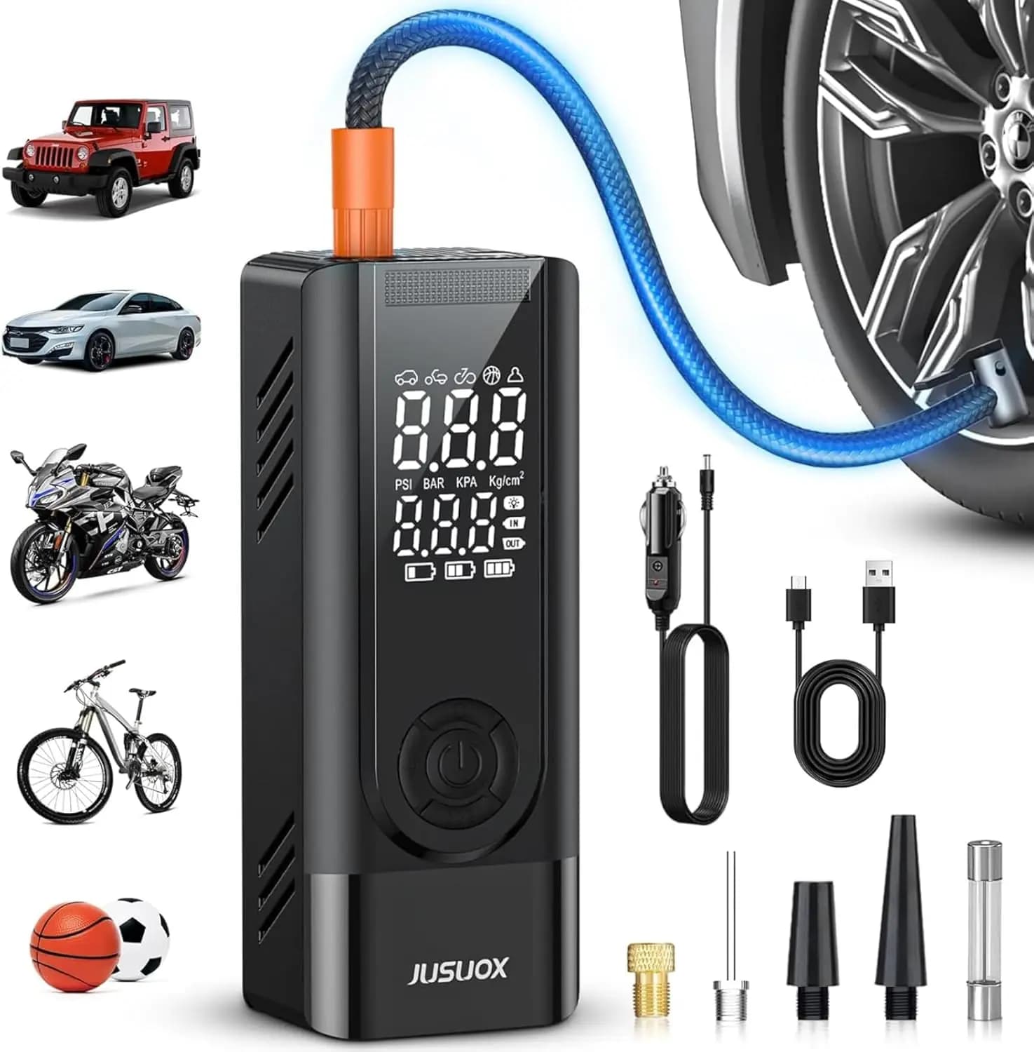 Portable Air Compressor, Double Power 12V DC and Battery, Digital Pressure Gauge, LED Light for Auto, Bike and Moto Pneumatics