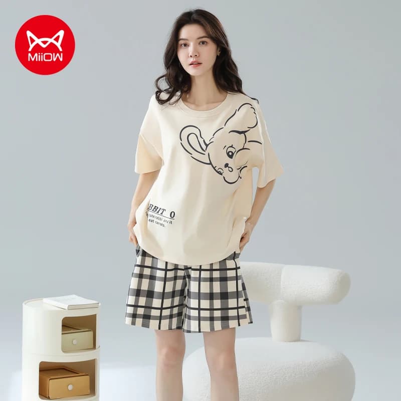 MiiOW 2 pezzi pigiama da donna set cotone estate manica corta donna homewear traspirante donna indumenti da notte carino stampato ragazze indumenti da letto