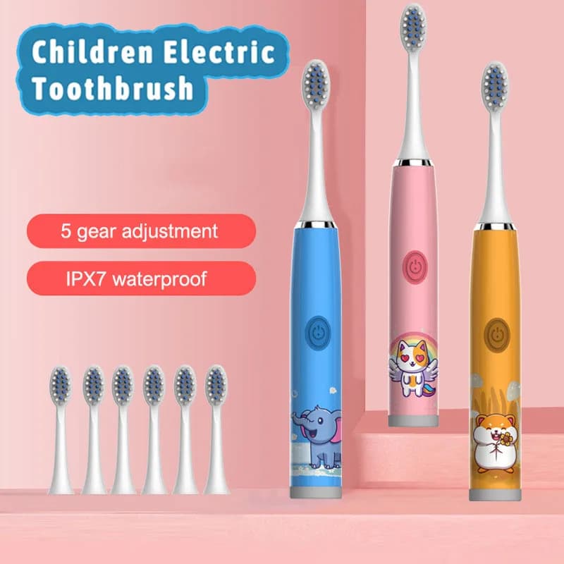Spazzolino elettrico sonico USB per bambini, ricaricabile, colorato, a forma di cartone animato, automatico, impermeabile IPX7, con testine di ricambio
