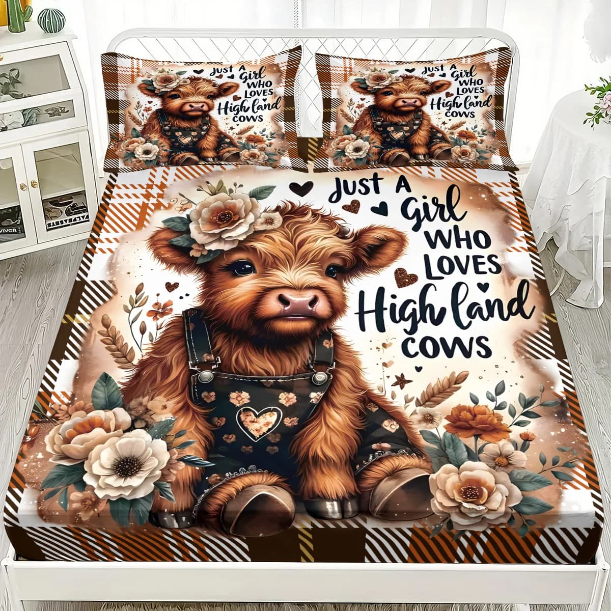 3 pezzi Cartoon Highland Cow Print Coreless Set lenzuola Multi Size Copriletto Camera da letto Dormitorio Biancheria da letto Decorazione Lavabile in lavatrice