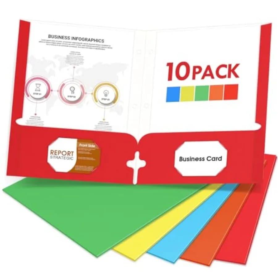 10 Pack Folders with Pockets, 2 Pocket Letter Size File Folders, Assorted Colors, Modern Style, 3 Hole Punched with Business Ca