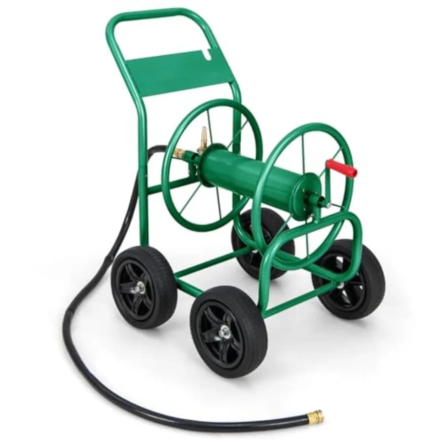 Carrello Avvolgitubo da Giardino Rinforzato con Manovella Antiscivolo, 4 Ruote Solide, Contiene 330FT di Tubo da 3/4 o 5/8 o 400FT di Tubo da 1/2, Ideale per