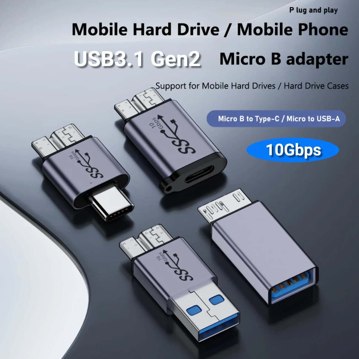 Adattatore HDD USB TYPE-C a Micro B Adattatore USB3.1 Gen2 10Gbps 7.5W Micro B a USB C 3.1 per cavo disco rigido HDD SSD esterno