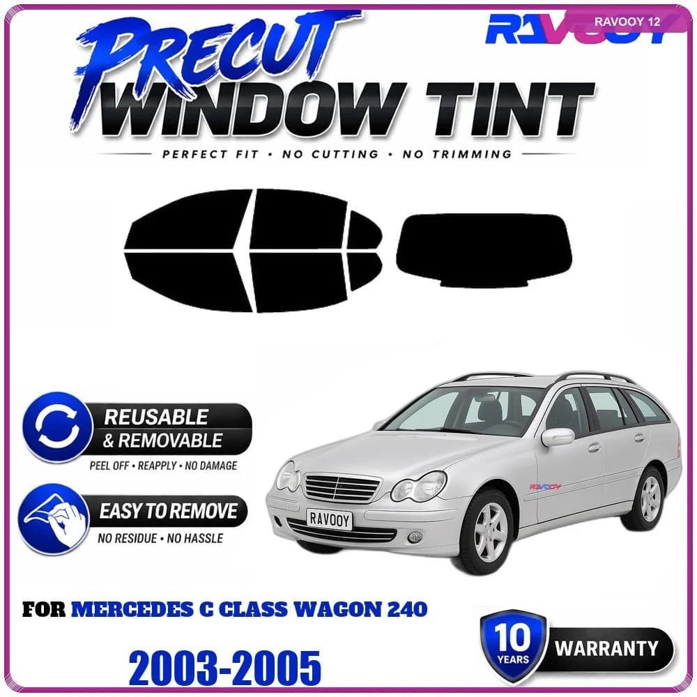 RAVOOY Precut Window Tint, Reusable Removable EPU Film, Custom Fit for Mercedes C Class Wagon 240 2003-2005, UV Heat Protection
