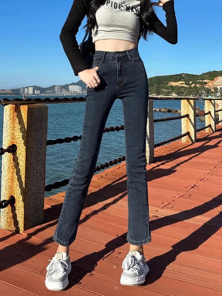 Jeans a Vita Alta e Gamba Dritta per Donna, Pantaloni Elasticizzati Modellanti, Nuovo Stile Primavera-Estate Versatile in Cotone Elasticizzato