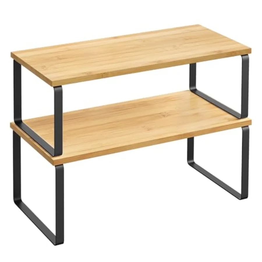 Set di 2 Scaffali Organizzatori per Armadietti, Ripiani da Cucina, Porta Spezie Impilabile ed Espandibile in Metallo e Materiale Composito