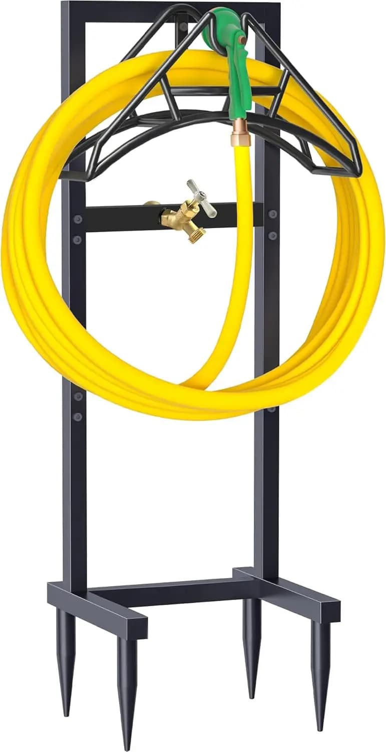 Support for Metal Garden Tube Resistant with Brass Faucet, Stand Self-Portor for Storage Tube 45m, Black
