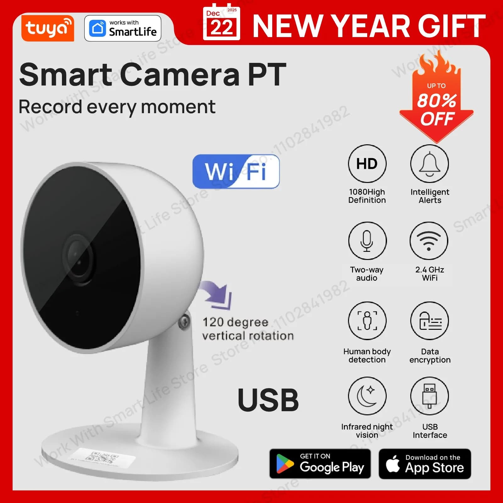 Tuya Smart 1080p Wi-Fi Telecamera di sicurezza domestica intelligente 2MP, HD, avvisi APP in tempo reale, audio bidirezionale, con rilevamento del movimento per neonati e animali domestici