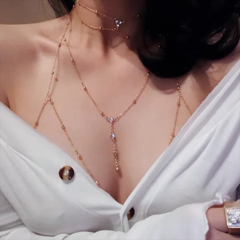 Summer Sexy breast chain bra bikini metal chain body jewelry for women Beach Harness crystal body decoration jewelry