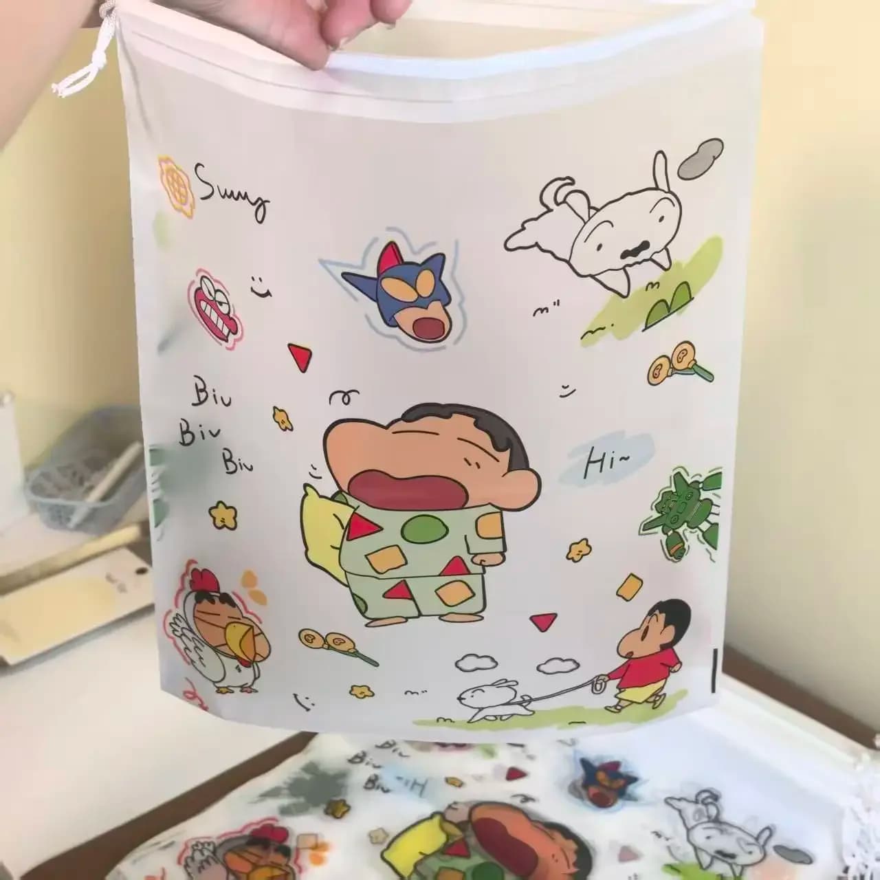 Crayon Shin‑chan Drawstring Shoe Bag Portable Waterproof Travel Storage Pouch Luggage Organizer Shoes Clothes Sorting Pouch