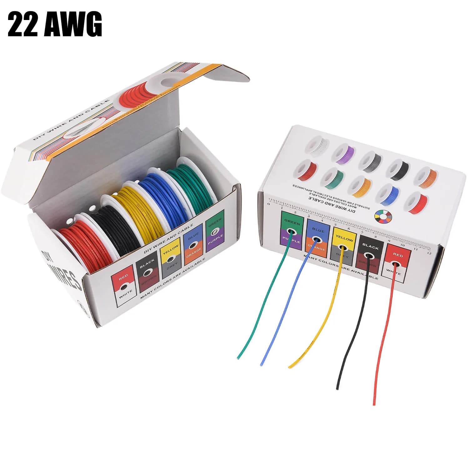 22 AWG Silicone Wire Kit, 5 Colors 22 Gauge Stranded Tinned Copper Electrical Wire Flexible Hookup Cable, Multi Gauge Wiring for Arduino, RC Cars, Boats, Drones and DIY Projects