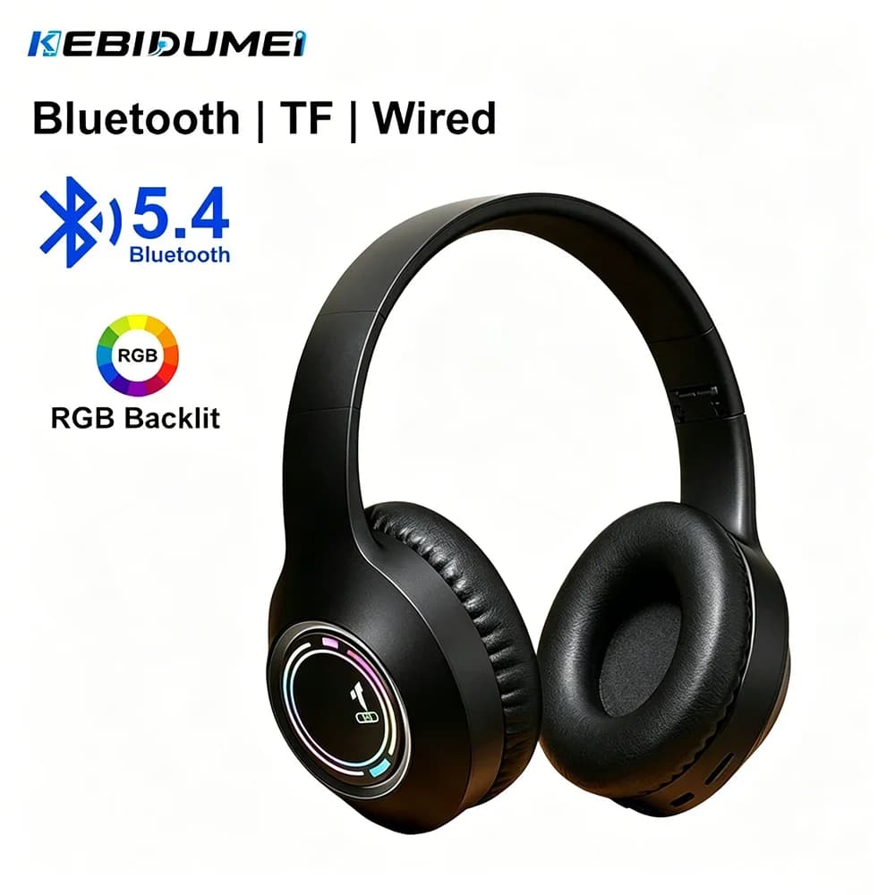 KEBIDUMEI RGB Gaming Headsets Over-Ear Bluetooth 5.4 Headphones Support 3.5mm Wired Connection TF Card Play Tri-mode Earphones