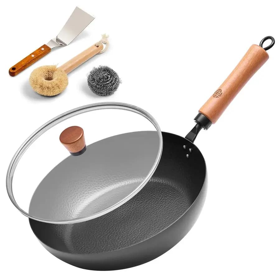 11 inch iron pan with glass lid and spatula for griddle, flat bottom pan, uncoated and untempered, compatible with induction, gas and electric