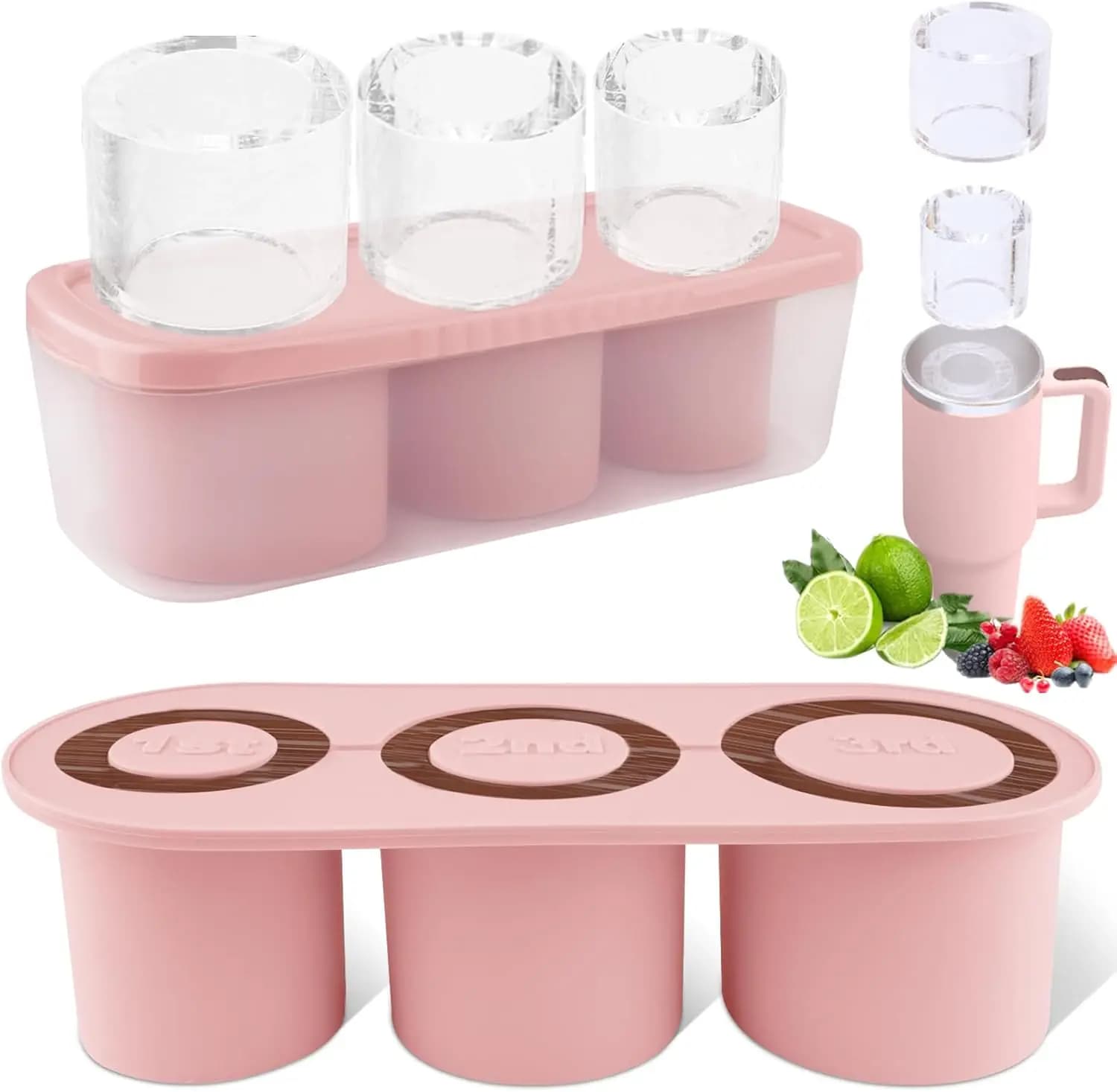 Stampi per cubetti di ghiaccio in silicone da 3 pezzi per bicchieri da 30-40 oz, facili da uscare da forma, con coperchio e contenitore, rosa