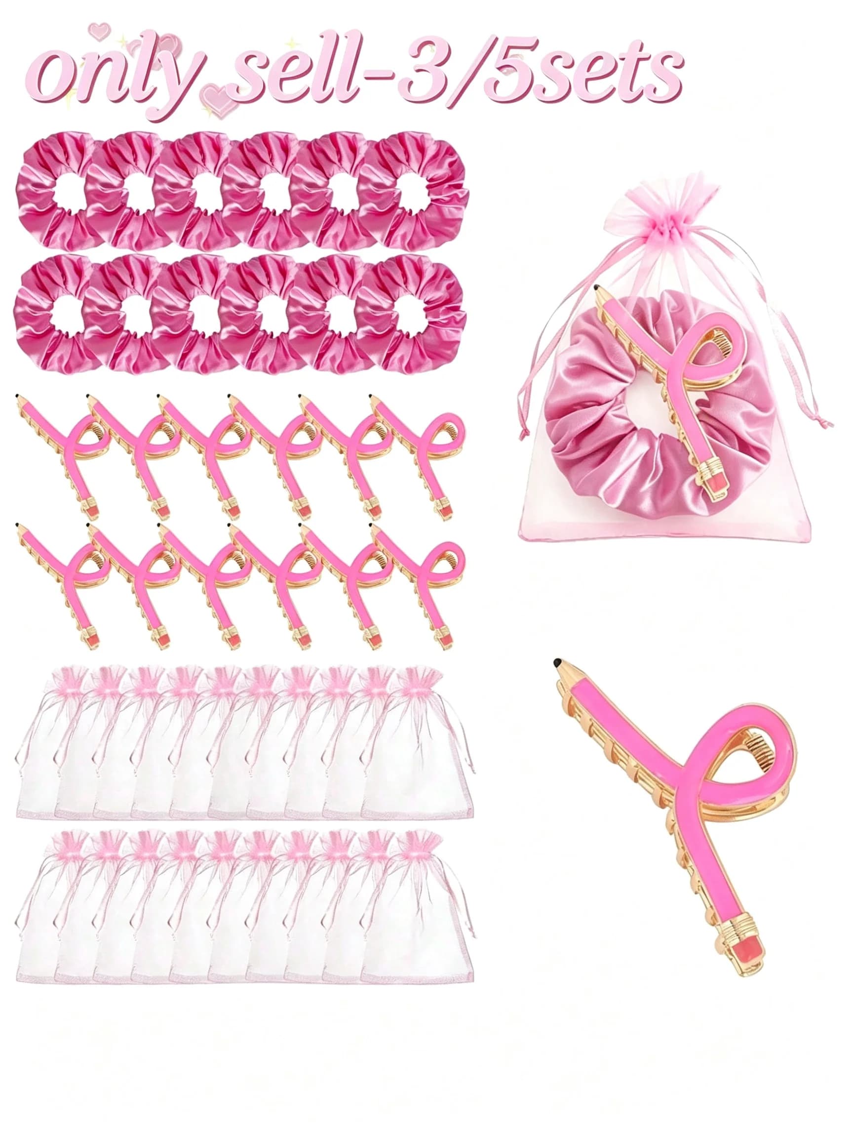 3/5sets Girls Hair Accessories Set - Pencil Shaped Hair Clips Elastic Bands And Storage Bag - Elegant Hair Accessories