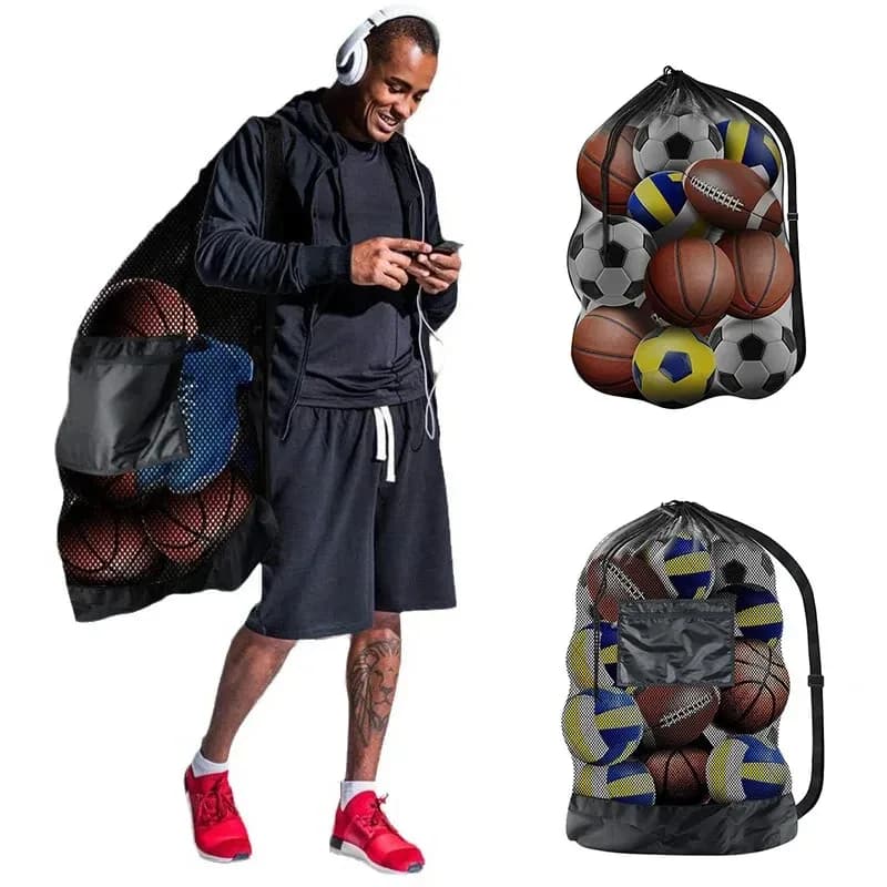 Large bag for mesh balls Bag with drawstring to store training bags for football, basketball, volleyball Black sports bag with shoulder straps