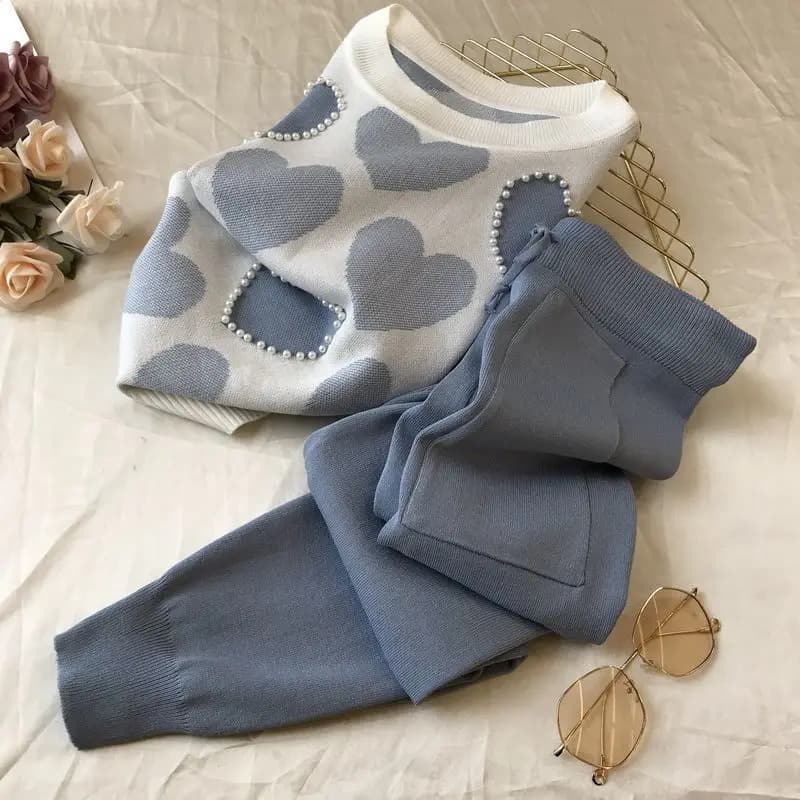 Two Piece Women Pants Sets Cooling Set Heart Pattern O Neck Short Sleeve Top Drawstring Jogger Pant Casual Spring Summer