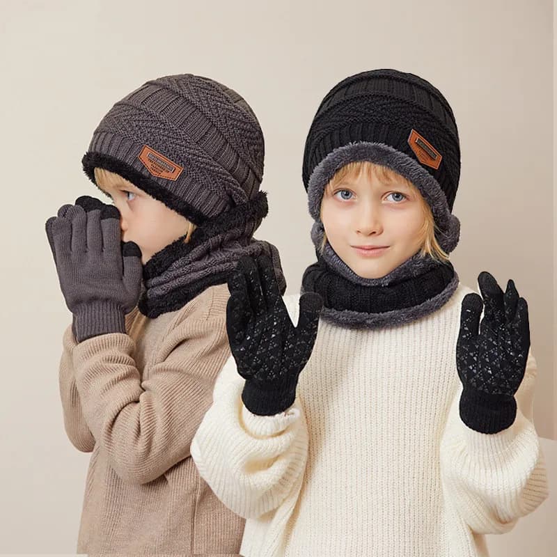 1 Set Inverno Bambini Guanti in maglia per bambini Cappello Sciarpa 3 pezzi Vestito da esterno antivento Velluto caldo Bambini Ragazzi Anello Silenziatore Cappelli e berretti