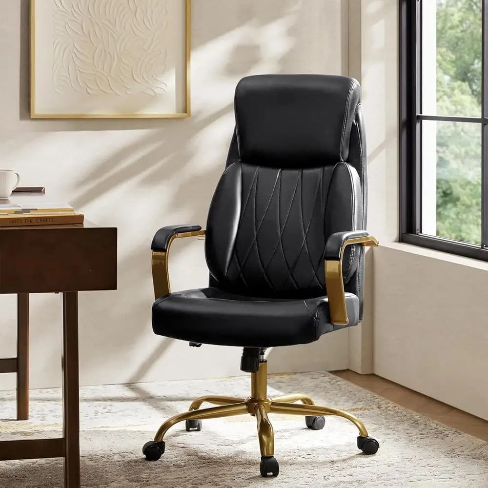 Sedia da Ufficio Ergonomica in Pelle con Schienale Alto, Supporto Lombare Regolabile e Braccioli Imbottiti in Bianco e Oro, Nero