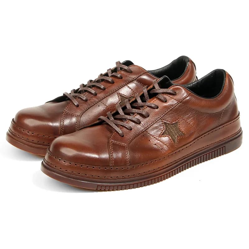YETTIES Men's Star-Pattern Washed Horsehide Leather Sneakers | Vintage Distressed Lace-Up Casual Shoes with Genuine Welt