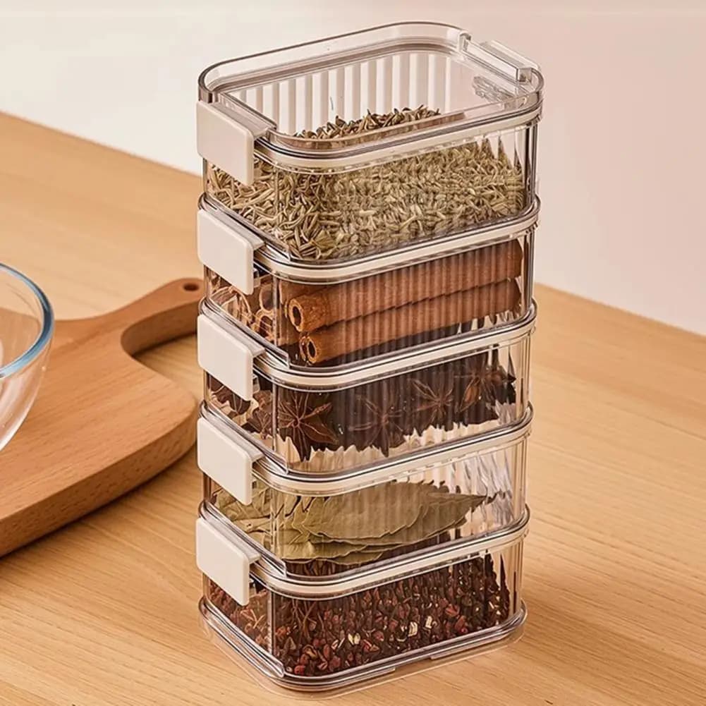 Contenitore per Spezie con 4/5 Scomparti, Ermetico, Organizzatore da Cucina con Finestra Trasparente, Contenitore per Preparazione Pasti 90%