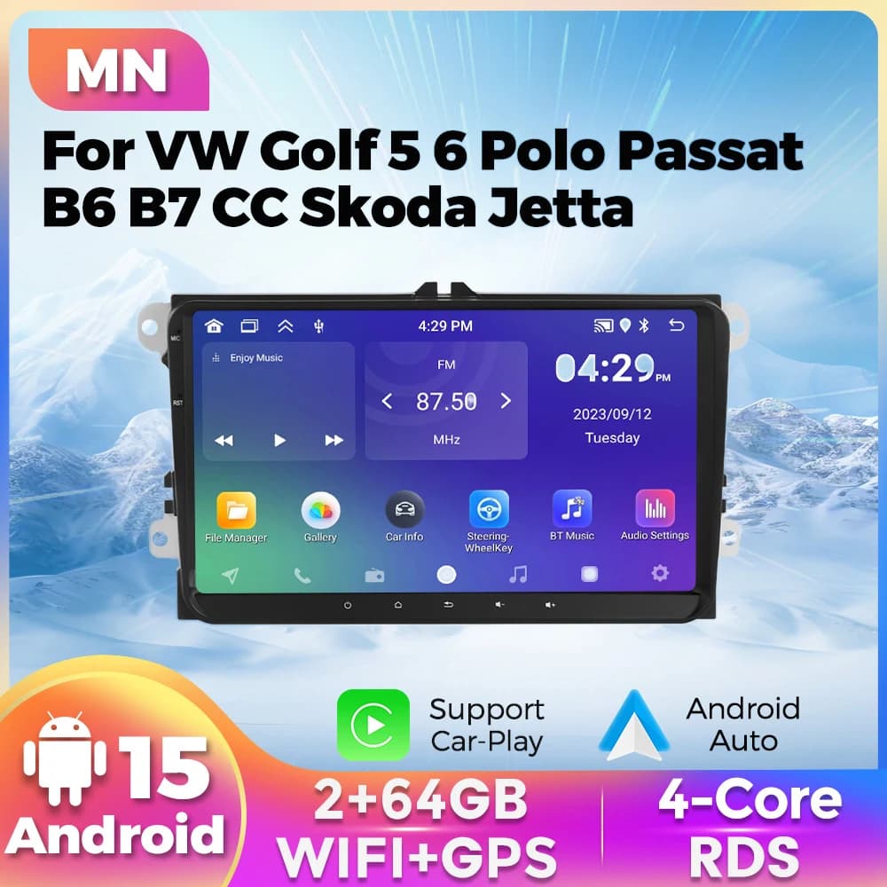 9 Inch Android15 Car Radio for VW Volkswagen Skoda Octavia Golf 5 6 Touran Passat B6 Polo Jetta 2Din GPS Multimedia Video Player