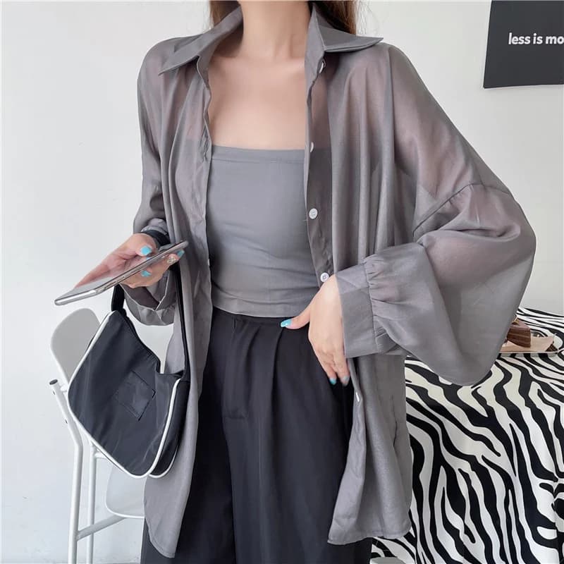 Camicetta da donna in chiffon tinta unita con protezione solare, casual, a maniche lunghe, sottile, estiva, con colletto a risvolto, in rete, 2026