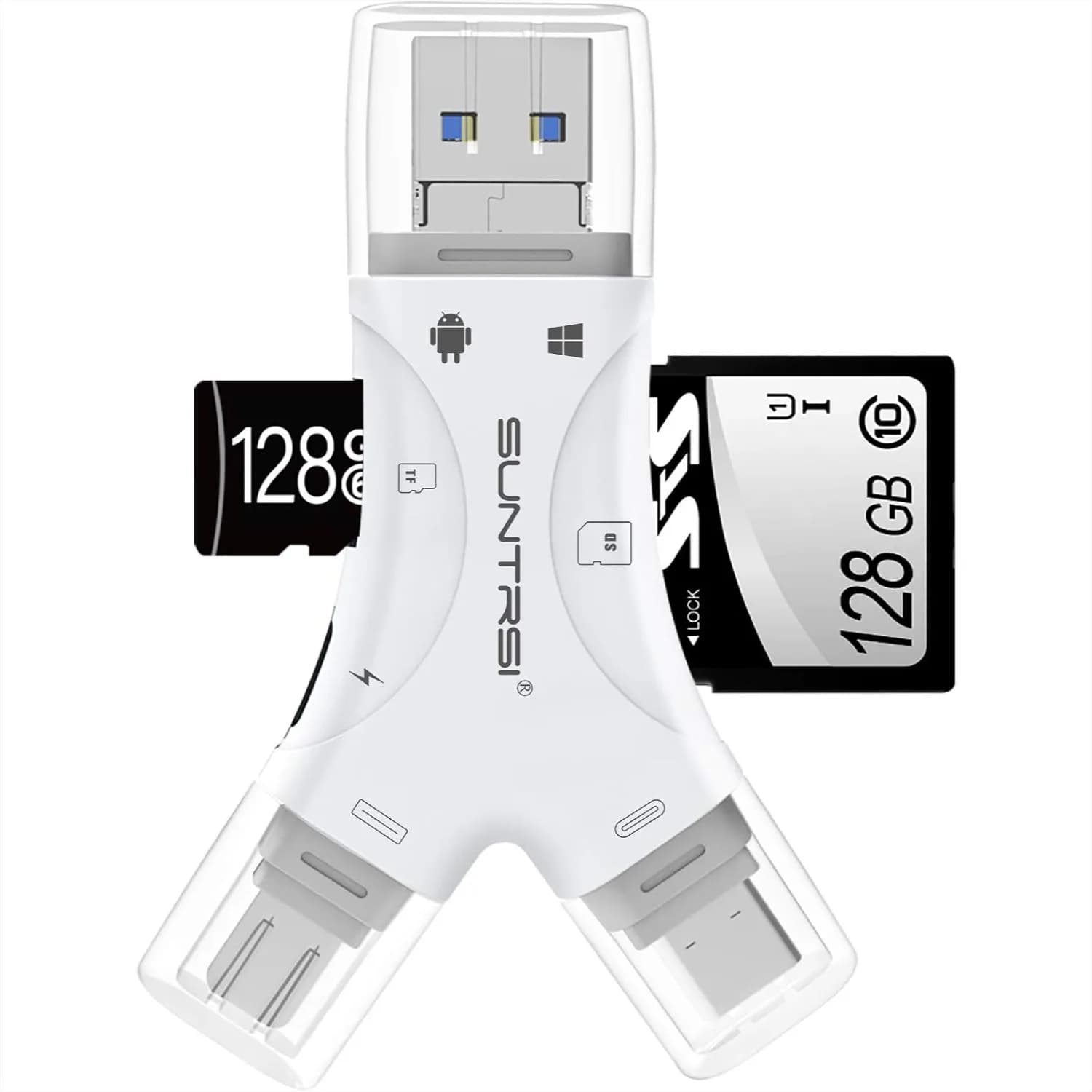Lettore di Schede SD 4 in 1 per iPhone, iPad, Android, Mac, Computer e Fotocamera, Adattatore Portatile per Schede di Memoria con Porta di Ricarica