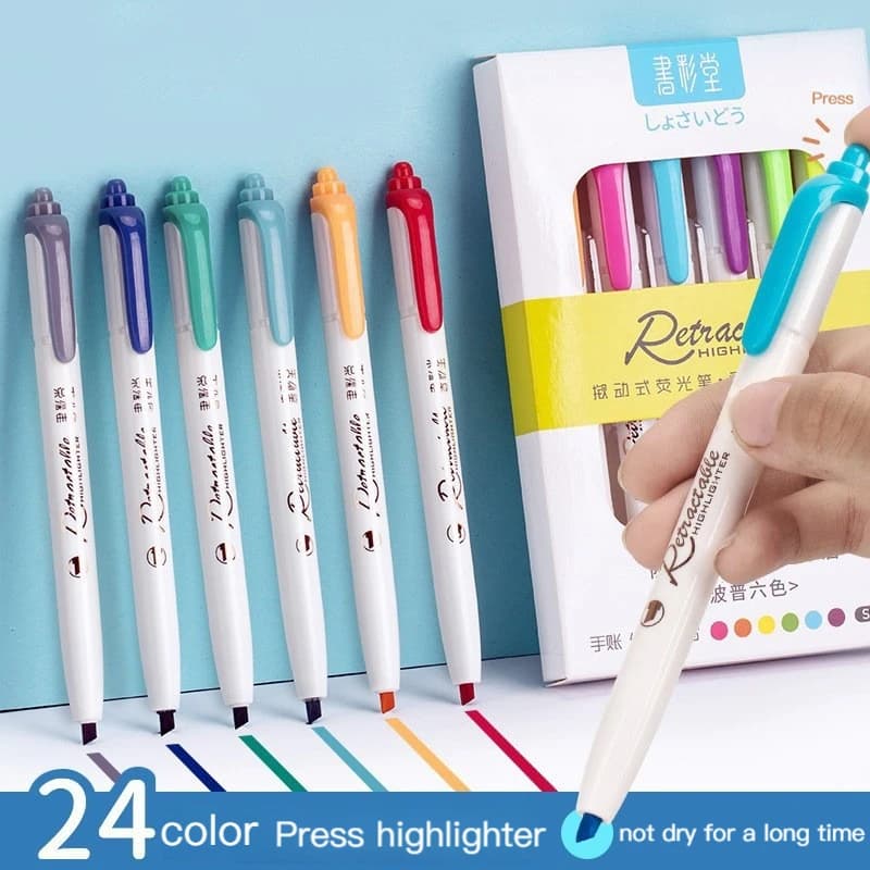 Evidenziatore a pulsante a 6 colori Evidenziatore multicolore Kawaii Inchiostro anti-secco Cancelleria per studenti Colorazione Conto a mano
