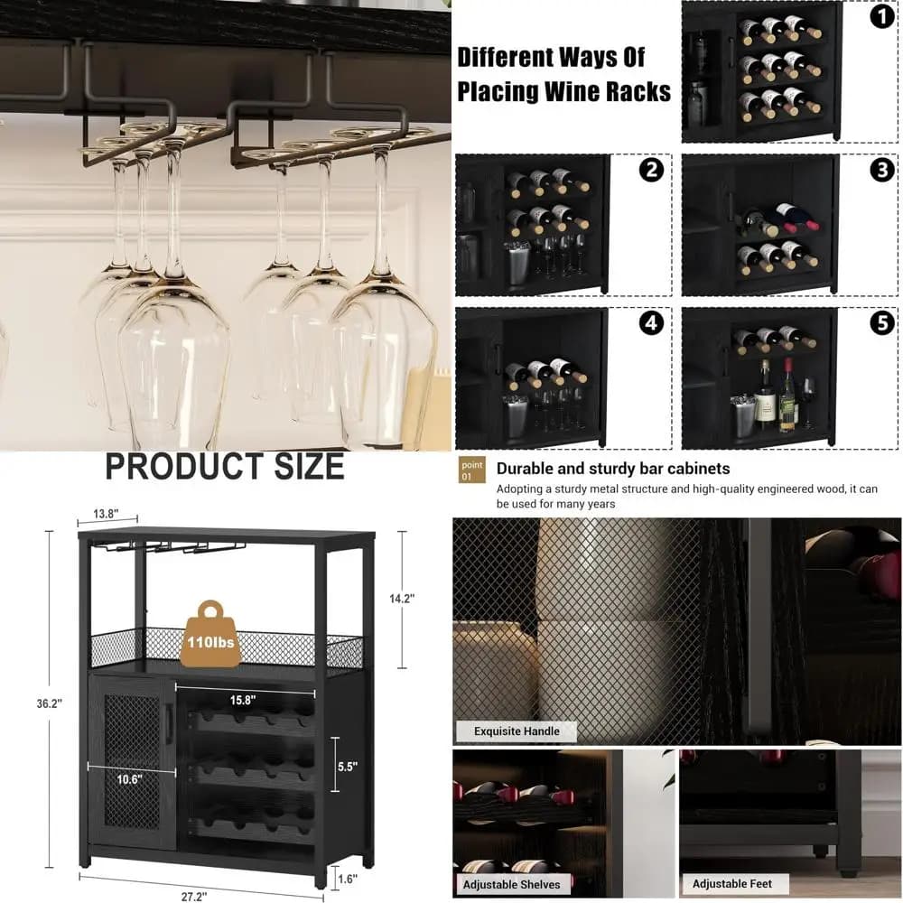 Industrial Style Wine Bar Cabinet with Adjustable Racks, Glass Holders, and Mesh Door for Storage in Living, Kitchen, or Dining