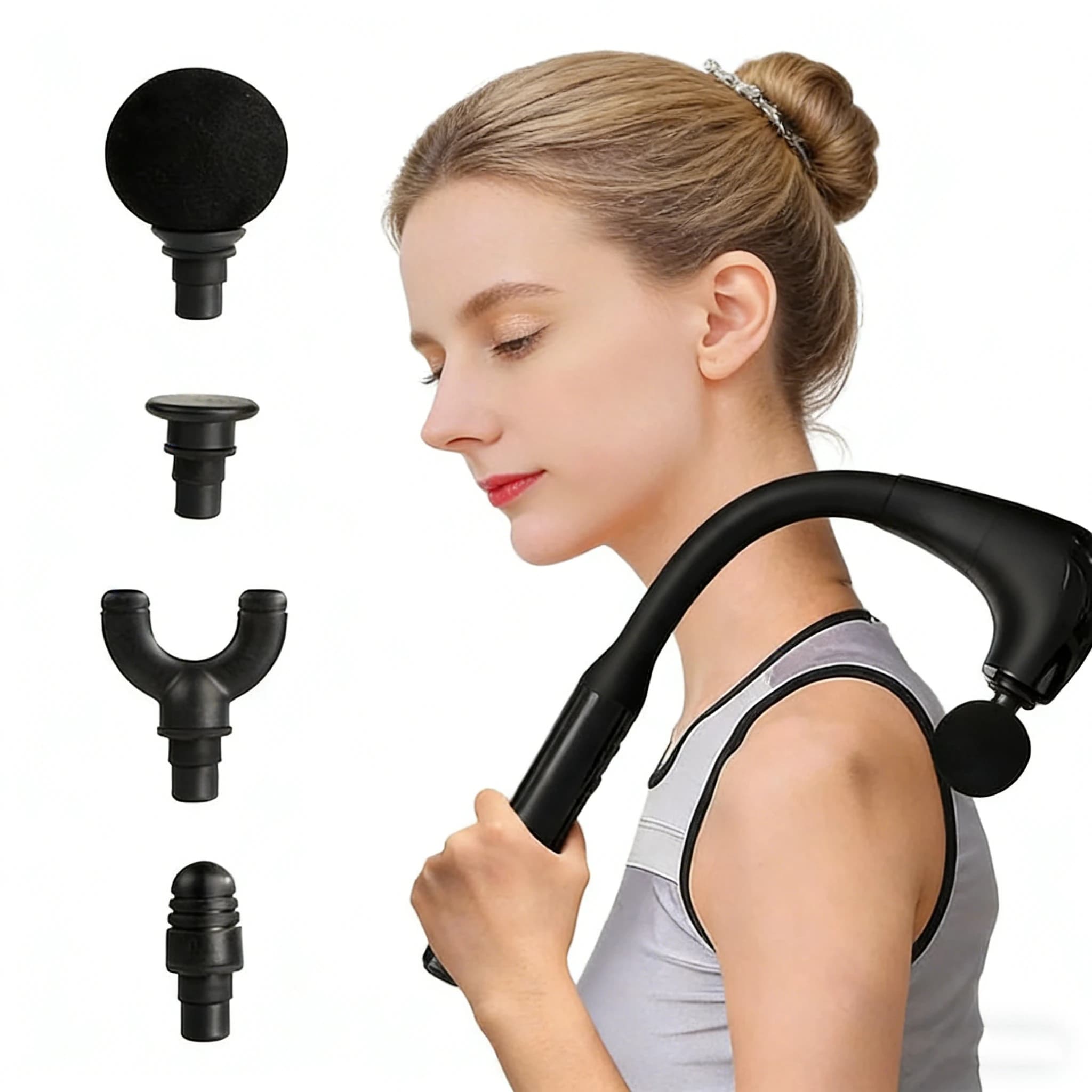 Massage gun with updated extension handle, U-shaped back massager, body massager for neck, shoulders, infinitely adjustable legs