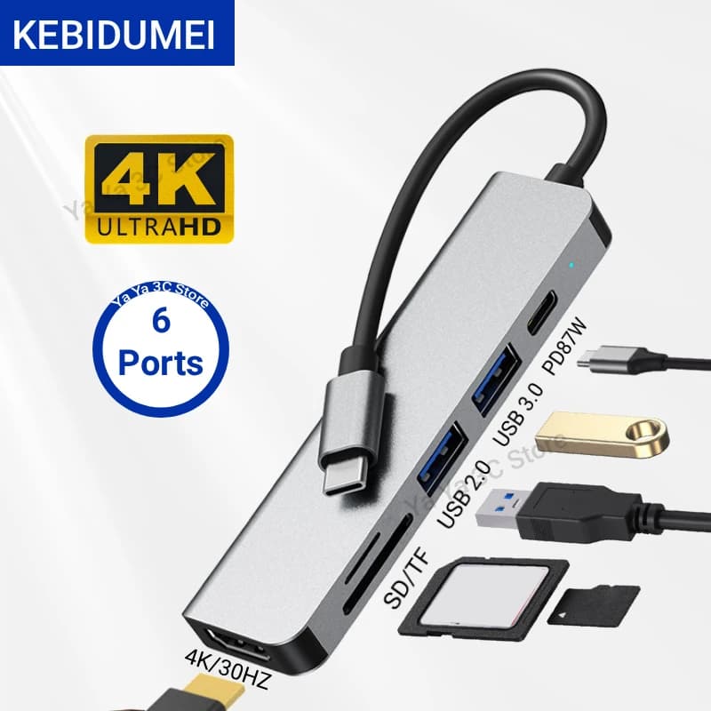 KEBIDUMEI Hub USB C Tipo C 3.0 Adattatore compatibile con HDMI con slot per lettore TF SD 87W PD per telefono, MacBook, computer
