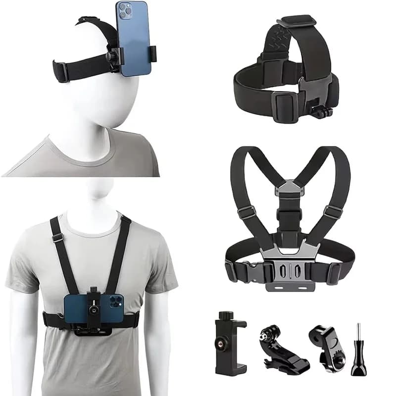 Kit di accessori per action camera all-in-one: cinturino per la testa, cinturino per il petto, supporto regolabile per fotocamera, cinturino per il petto per GoPro e cellulari