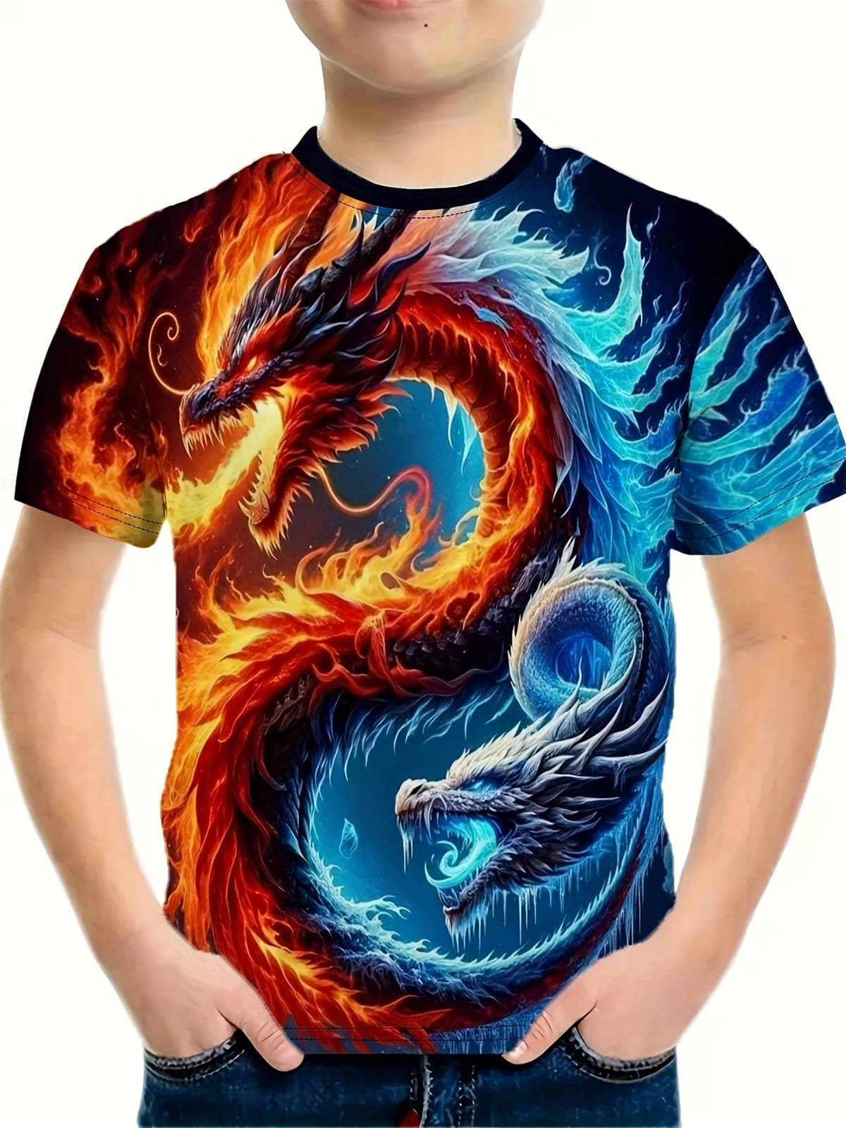 T-shirt per bambini T-shirt con grafica drago 3D T-shirt per bambini Top girocollo T-shirt a maniche corte con animali dei cartoni animati per un ragazzo