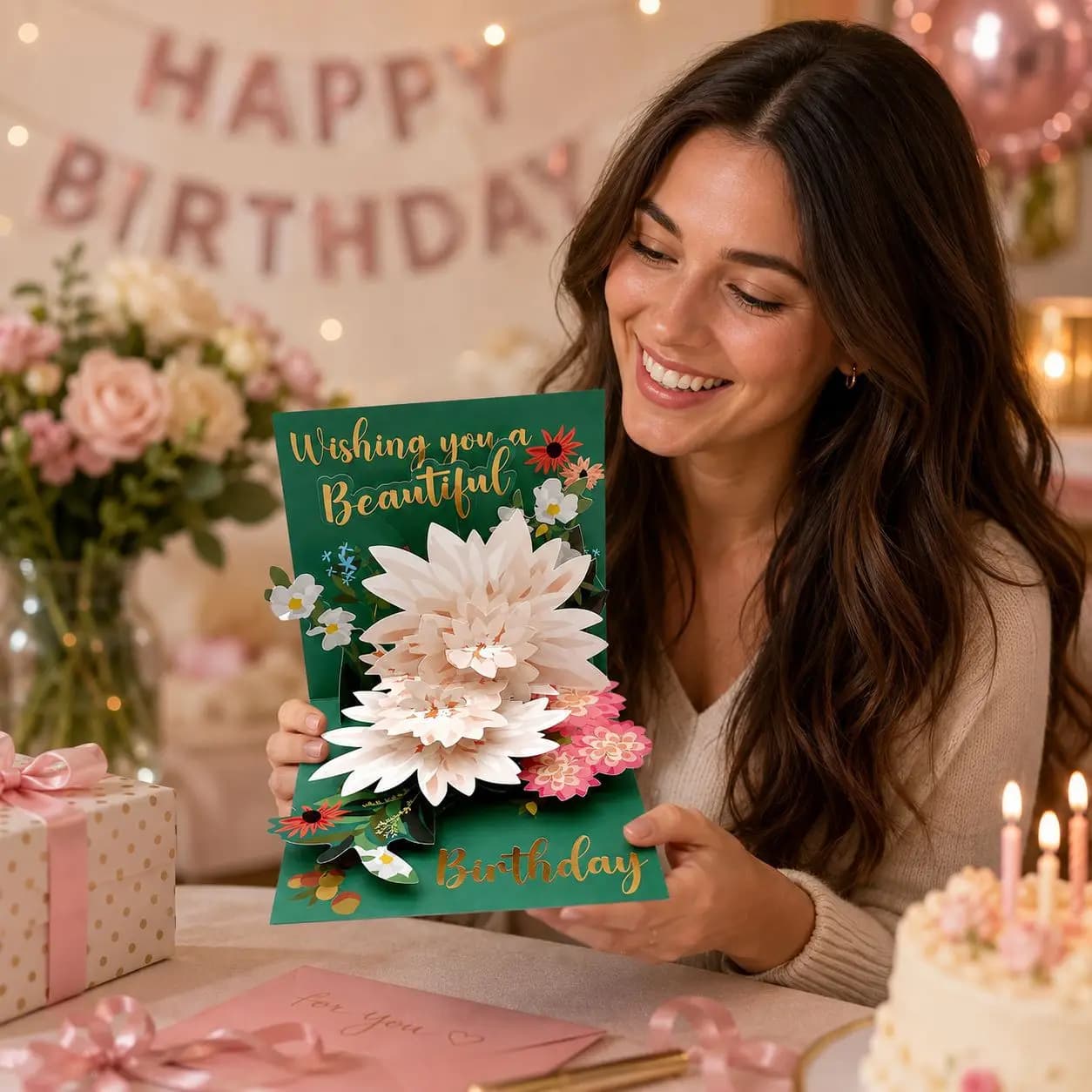 2026 Birthday Bouquet 3D Pop Up Card Hand Folded Laser Engraved Hot Stamping Stereo Greeting Card