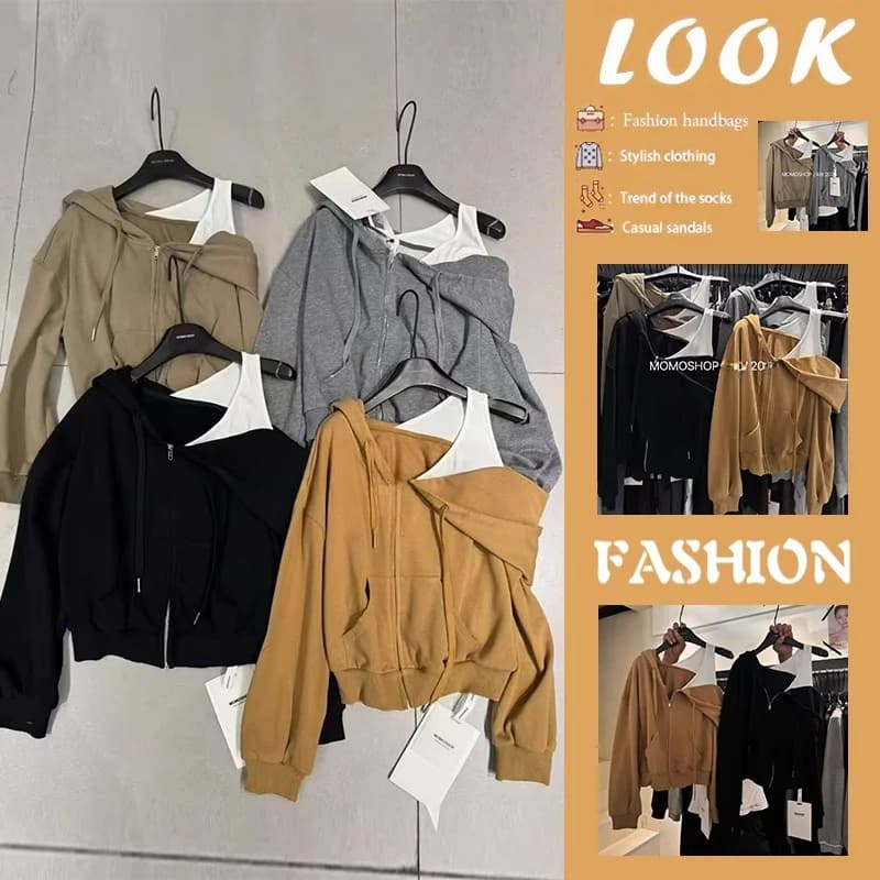 Early Autumn Zipper Hoodie Jacket Patchwork Oblique Collar Fake Two-Piece Design Warm Thermal Korean Style Long Sleeve Coat