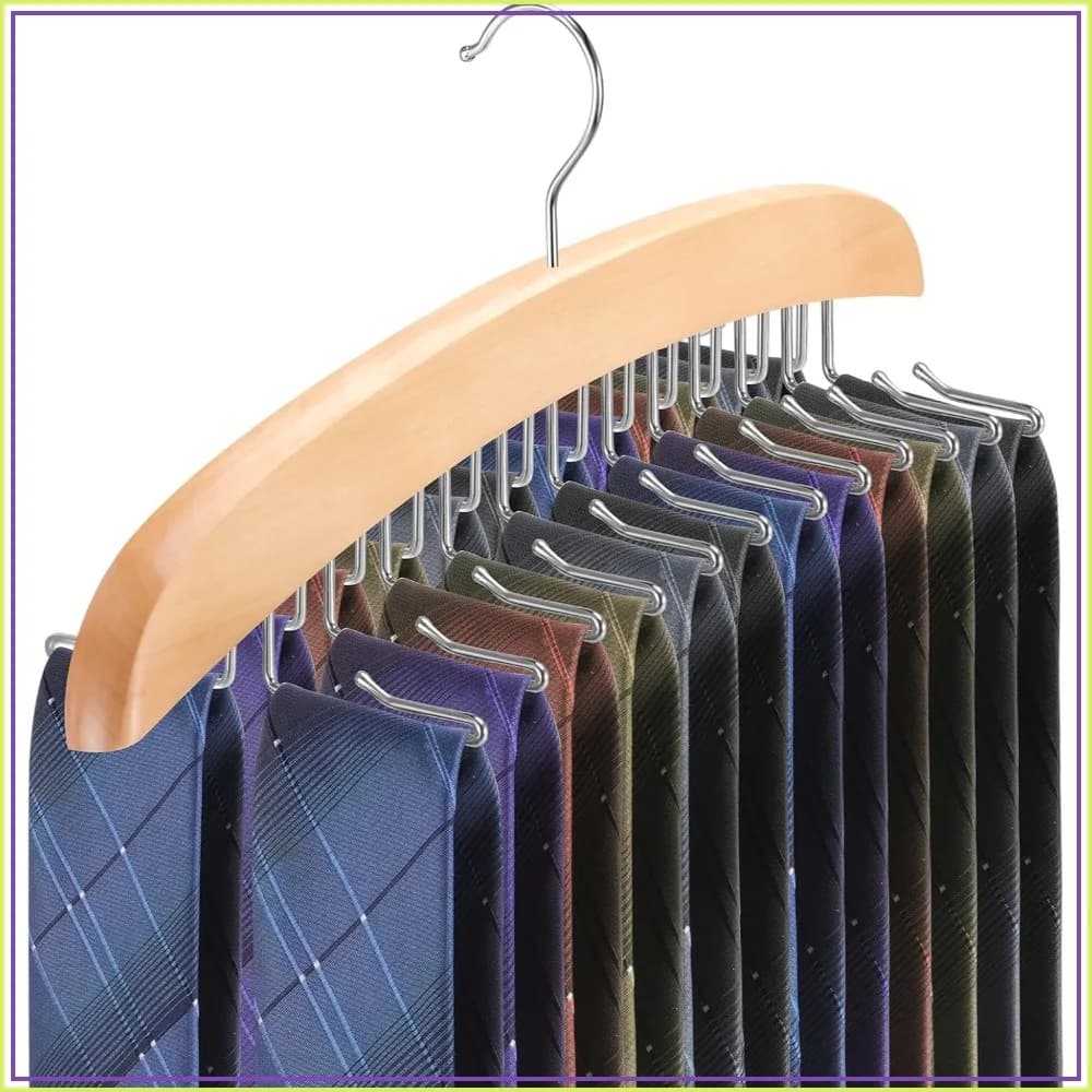 Wooden Tie Rack Hanger for Closet, 360 Degree Rotating Tie Holder with 24 Folding Hooks for Belts Scarves Tank Tops