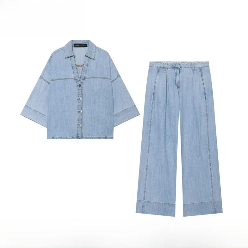 Spring Summer New Women's Wide Sleeve Denim Shirt And Jeans ZR Style High Waist Long Pants Fashion Set Polyester Fiber
