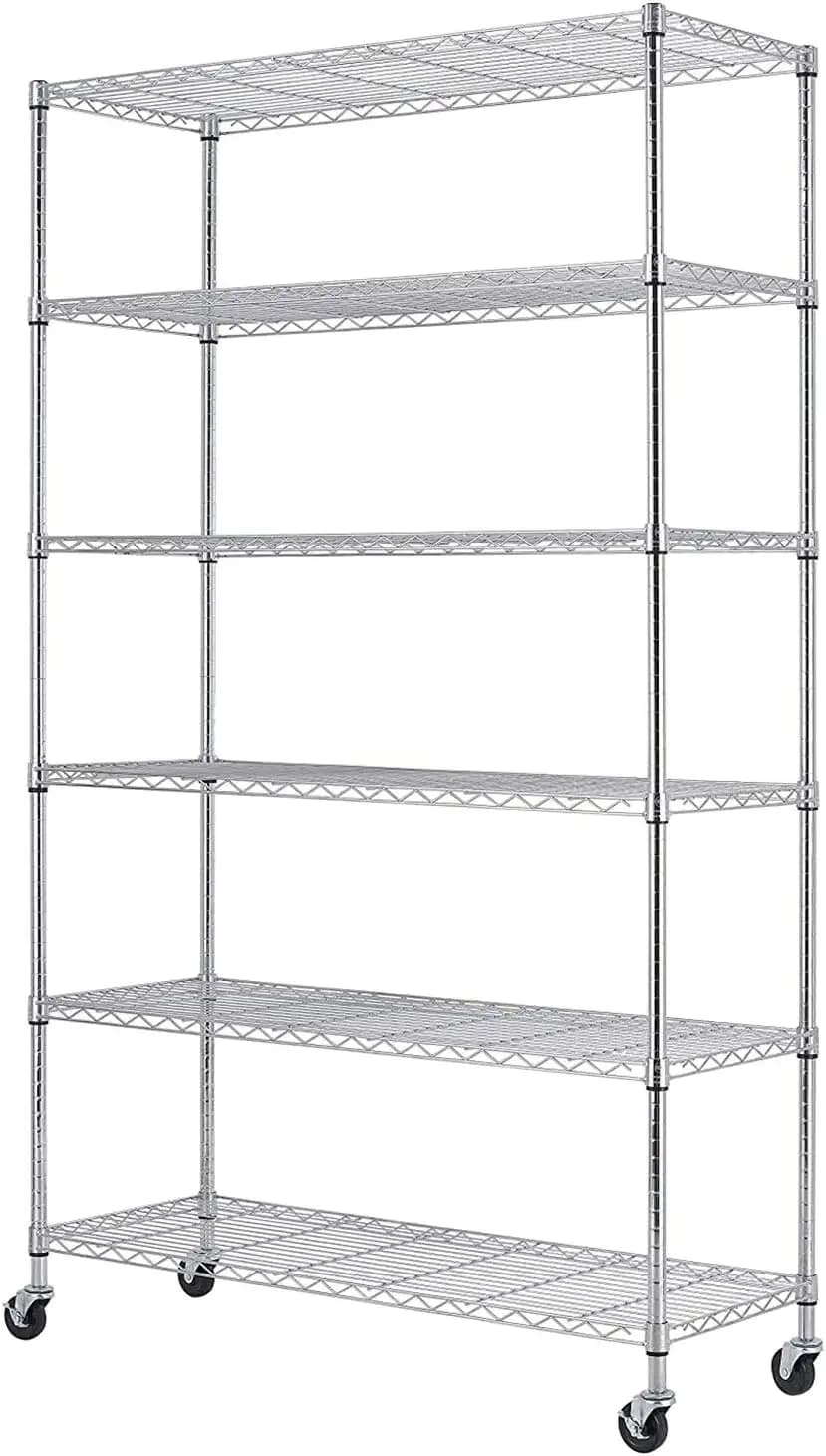 Scaffalatura in filo metallico 18x48x82 pollici con ruote, 6 ripiani in acciaio, scaffale portaoggetti resistente, organizer da garage in metallo