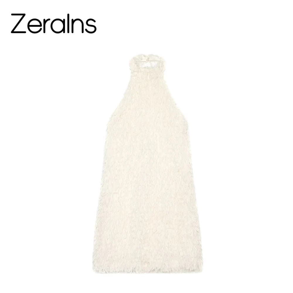 ZERAINS 2026 Summer New Product Women's Fashion Slim Fit Hanging Neck Collar Bareback Tassel Knitted Short Dress